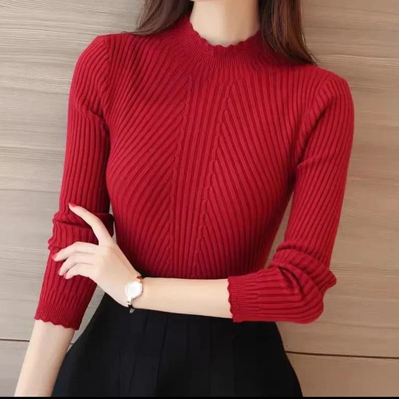 Women Mock Neck Ruffle Sweater Long Sleeve Knit Pullover