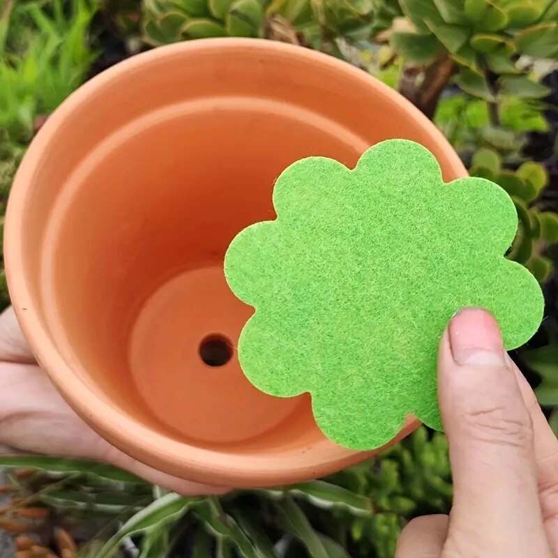 Plant Pot Hole Pad, Green Non-Woven Fabric Flower Shape, Bonsai Bottom Soil Mat, Anti-Corrosion Breathable Gasket