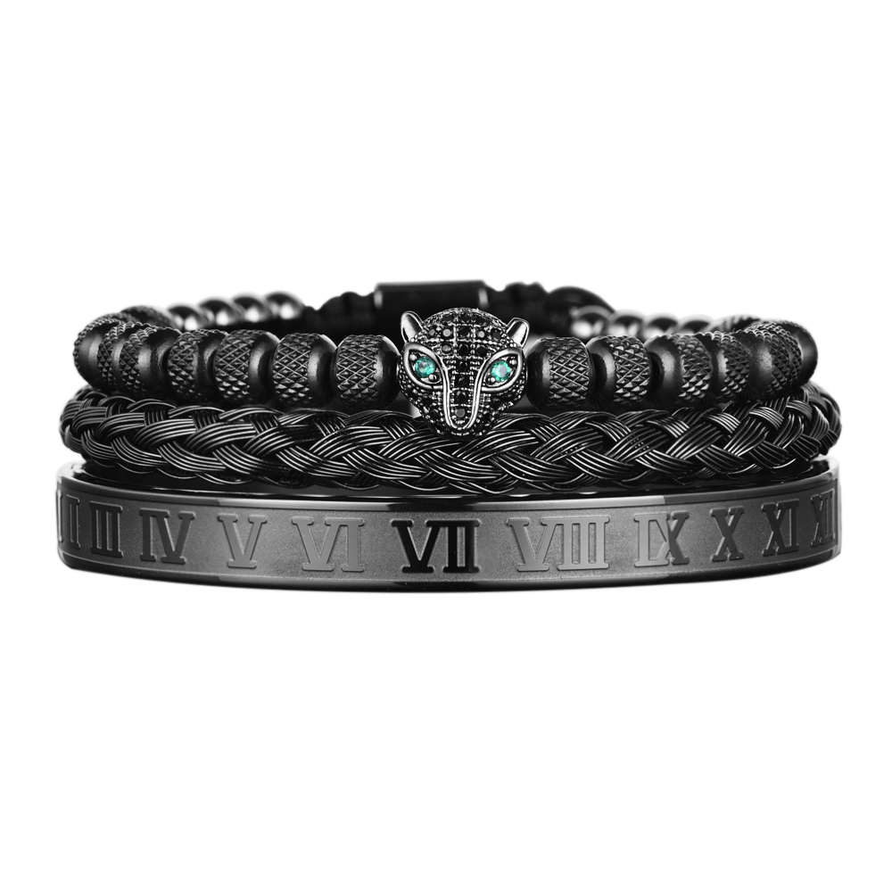 Handmade Braiding Bracelet Set, Hip Hop Men's CZ Leopard Head & Roman Numeral Stainless Steel Jewelry