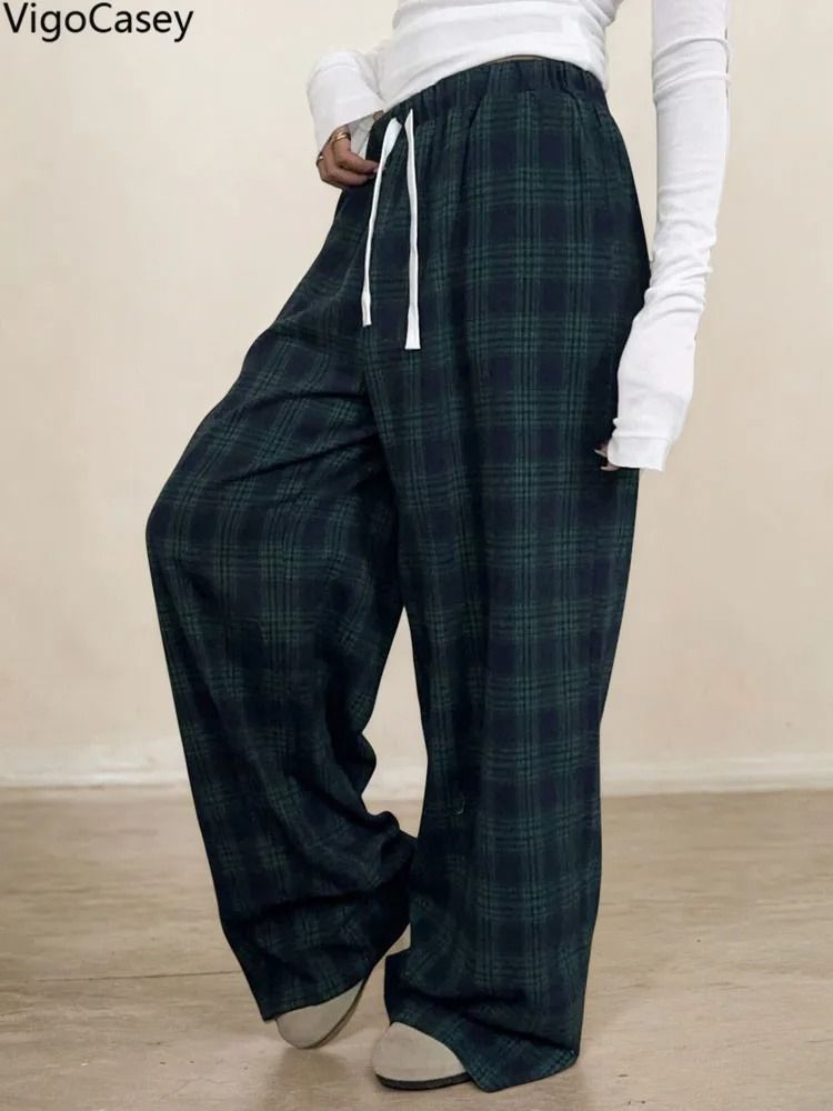VigoCasey 2025 Women Plaid Print Casual High Waist Wide Leg Pants Green Baggy Autumn Winter Trousers