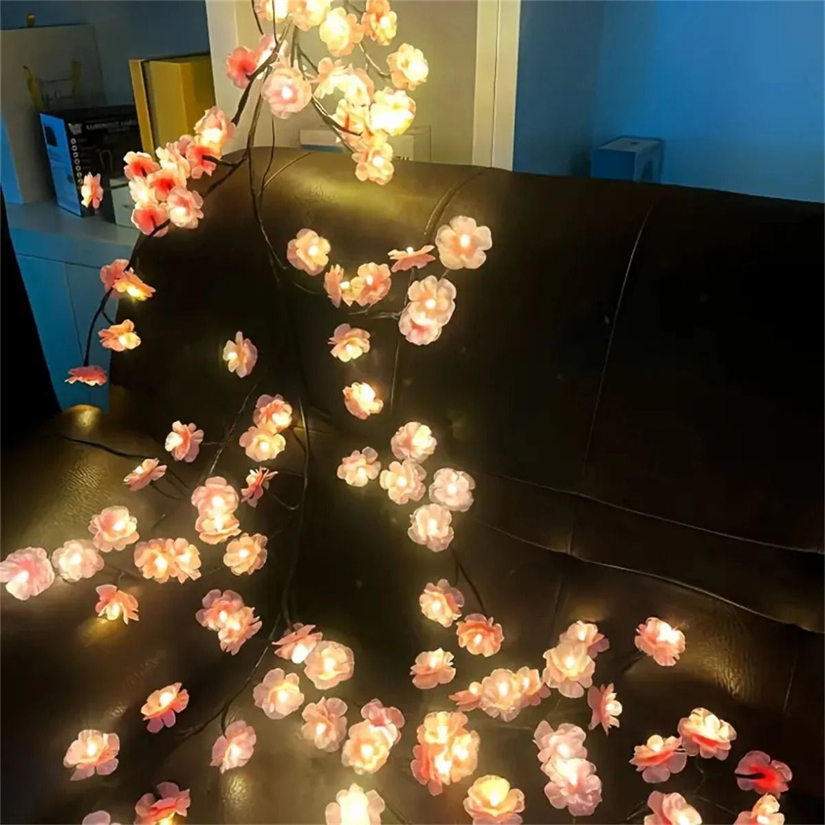 Cherry Blossom USB Tree Branch Rattan Lights with 96 LED Pink Blossoms and 8 Lighting Modes