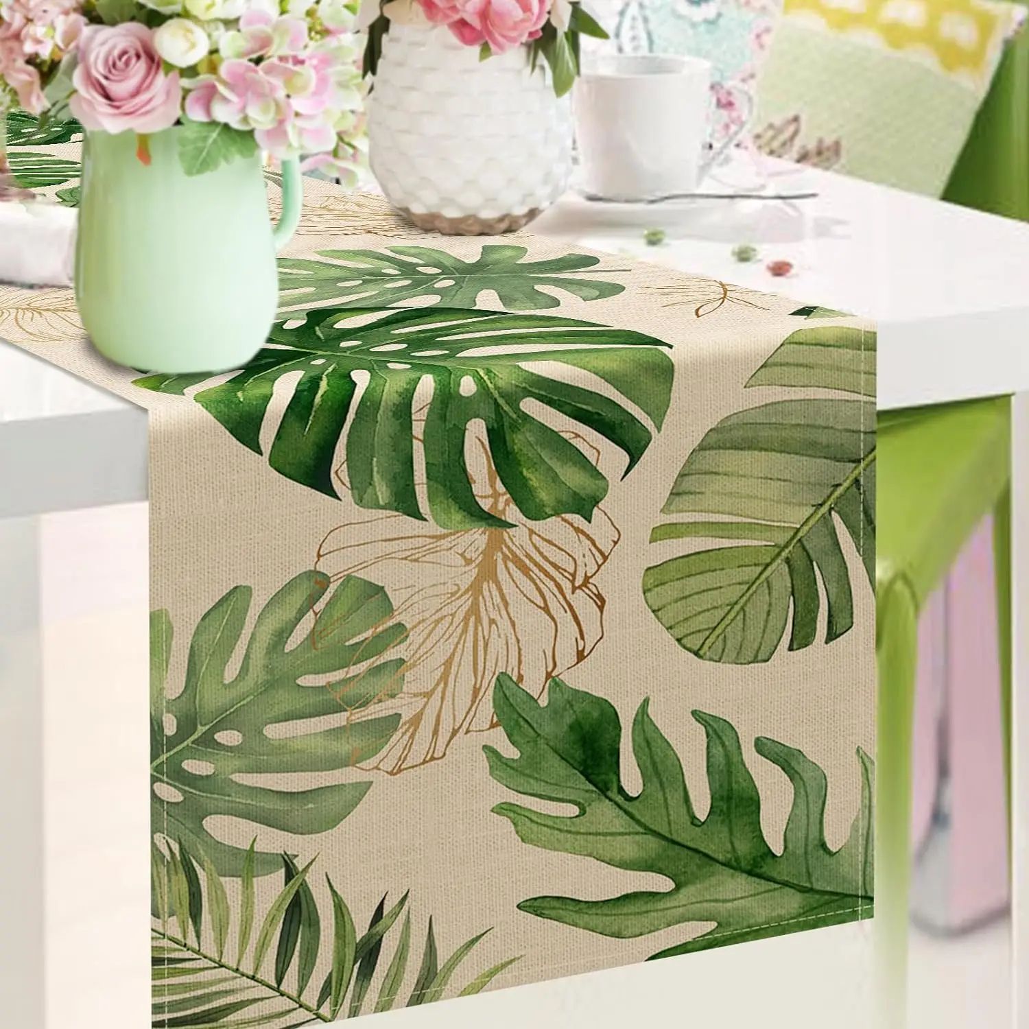 Tropical Palm Leaves Linen Table Runner