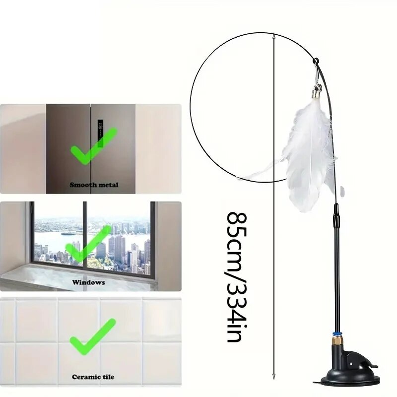 Interactive Cat Toy,Feather Wand with Bell & Long Suction Cup Pole,Stimulating Teaser Toy for Playful Kitten & Adult ca
