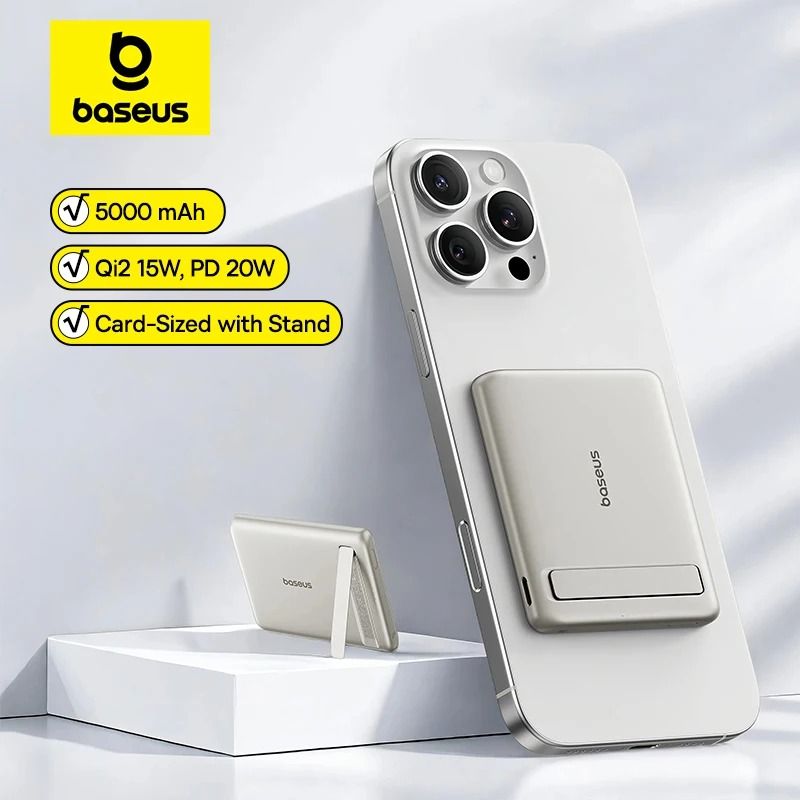 Baseus Qi2 Magnetic Power Bank with Kickstand – 5000mAh PD 20W Wireless Fast Charger for iPhone & Samsung