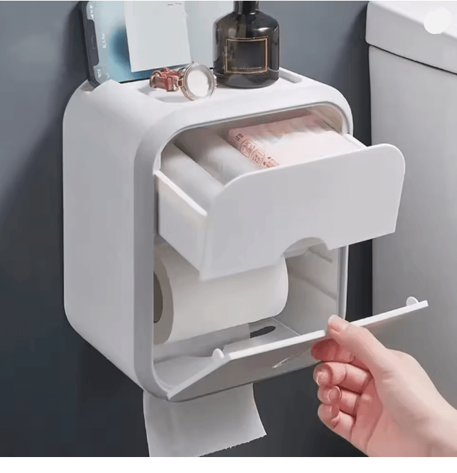 Wall Mounted Waterproof Toilet Paper Organizer with Storage Box