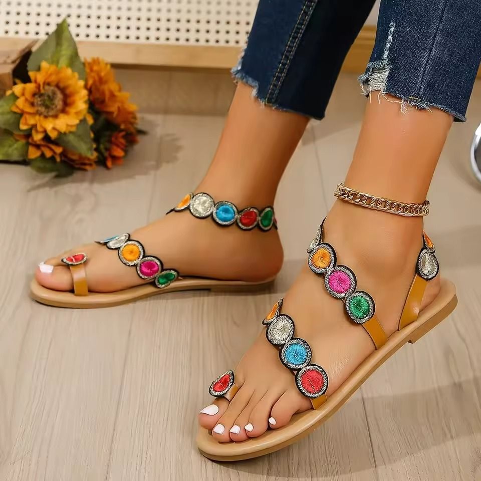 Embroidered Faux Flower Flat Sandals Women Summer Beach Travel Shoes