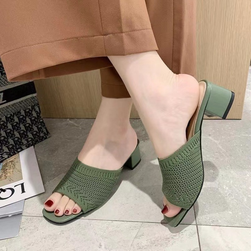 Summer Women Slippers, Closed Toe Comfort Slippers, Outdoor Fashion Fly Weave Sandals with Medium Heel, Casual & Stylish