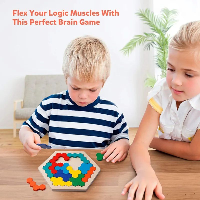 3D Hexagonal Wooden Puzzles Educational IQ Game Montessori Toys for Children Kids Preschool Tangram Board Brain Teaser
