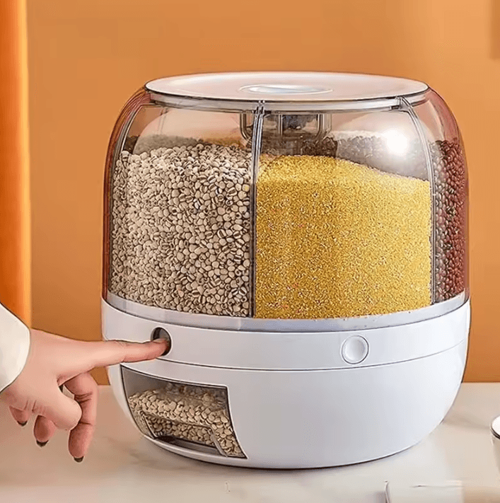 360 Rotating Grain Dispenser – 6-Grid Airtight Rice Storage Organizer