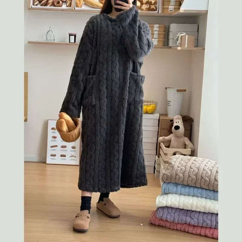 Women's Winter Flannel Nightgown Long Sleeve Thick Coral Fleece Warm Sleep Dress with Pockets