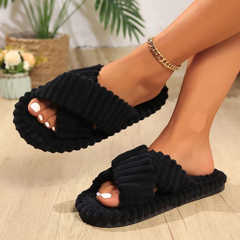 Fashion Corduroy Cross Band Home Slippers for Women – Autumn Winter Warm Plush Indoor Slides with Soft Cotton Sole