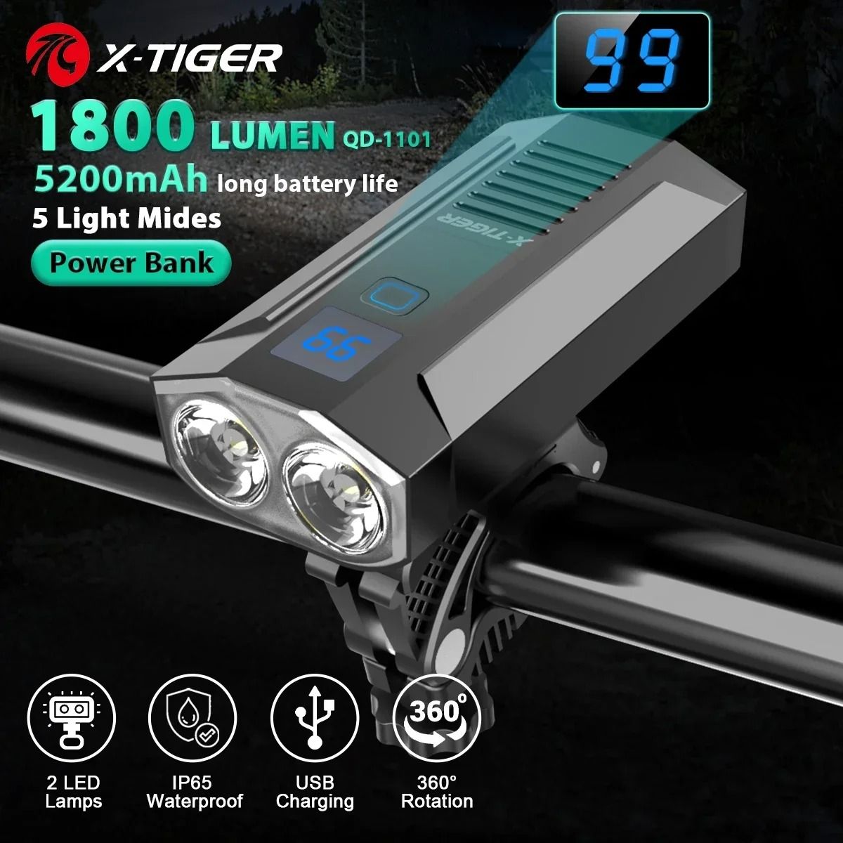 X Tiger Bike Light Headlight Bicycle Lamp with 5200mAh Power Bank