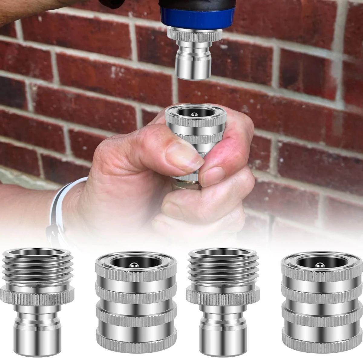 4 Piece Garden Hose Quick Connector Set Stainless Steel Leak Proof Hose Fittings