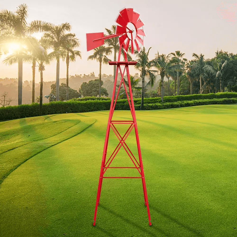 Red Metal Windmill, Patio Yard Garden Decoration, Weather-Resistant Outdoor Ornament