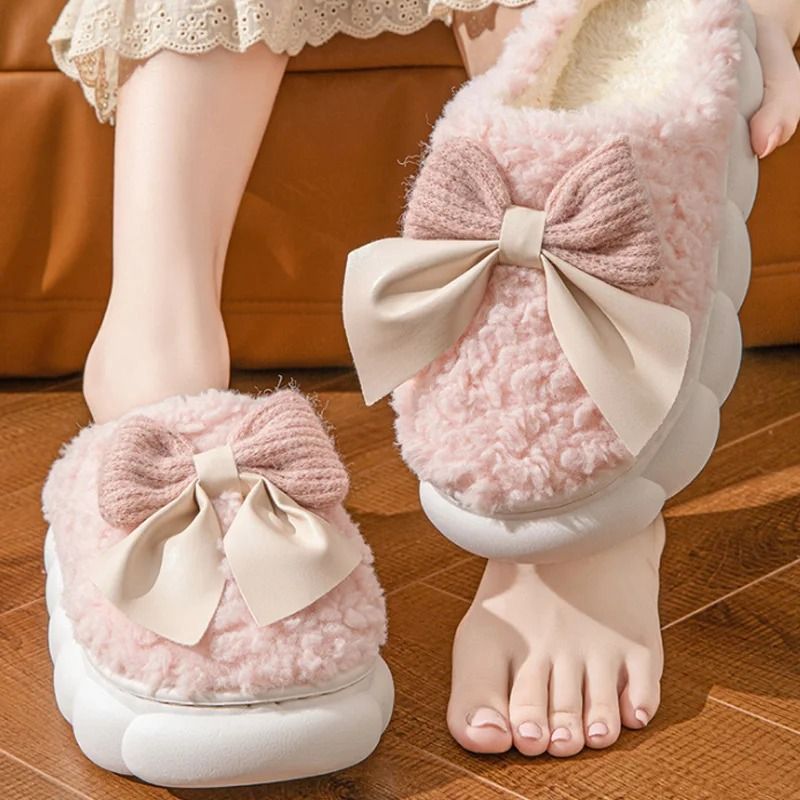 Women Winter Warm Plush Slippers with Bow