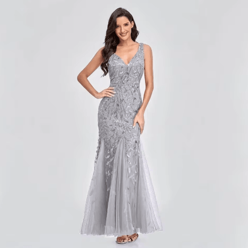 Elegant V Neck Sequin Dress Sleeveless Socialite Summer Evening Gown