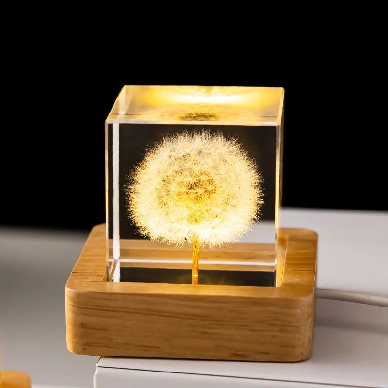 3D Dandelion Crystal Ball with Wood Stand Luminous Flower Sphere