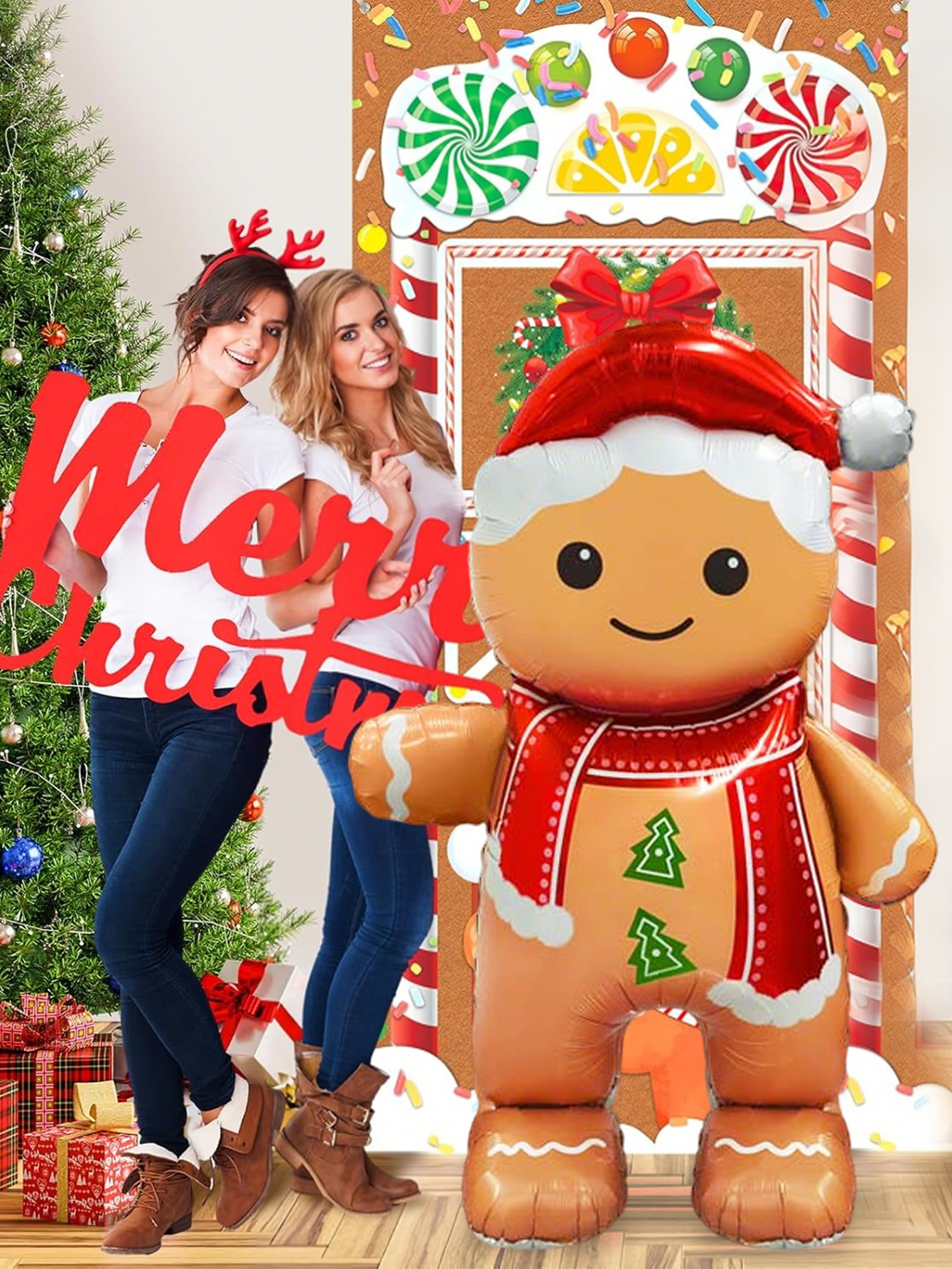 Standing Smiling Gingerbread Man Aluminum Foil Balloon, Christmas Party Decoration, Festive New Year Balloon Display