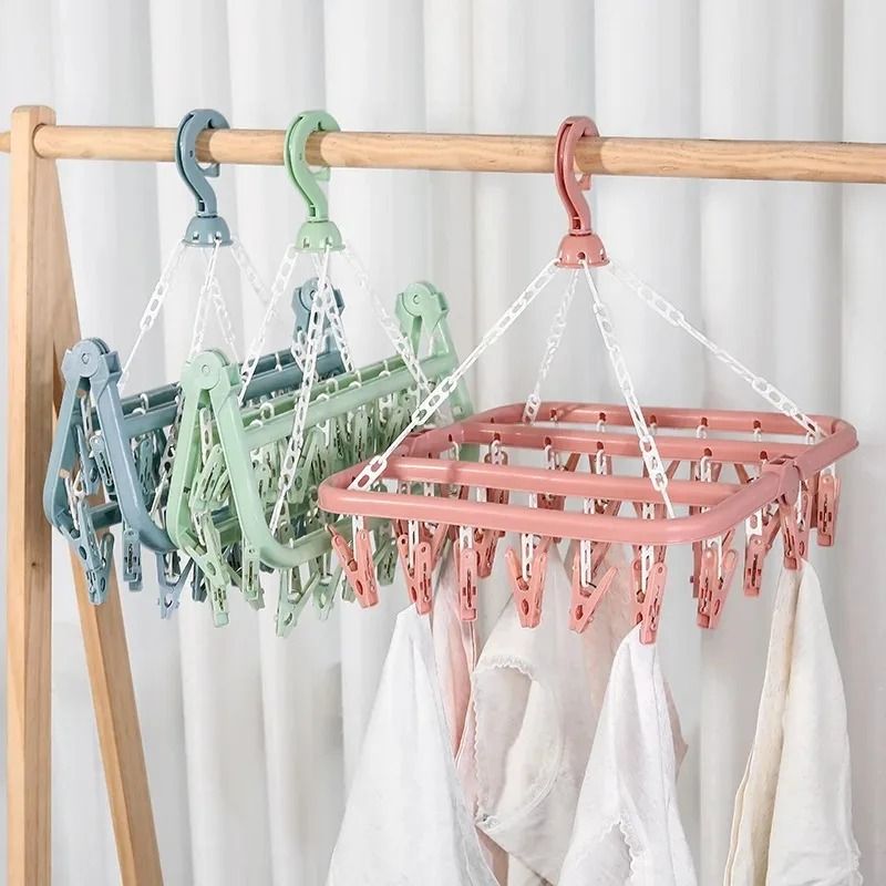 Foldable Clothes Drying Hanger With 32 Clips Space Saving Sock And Underwear Drying Rack