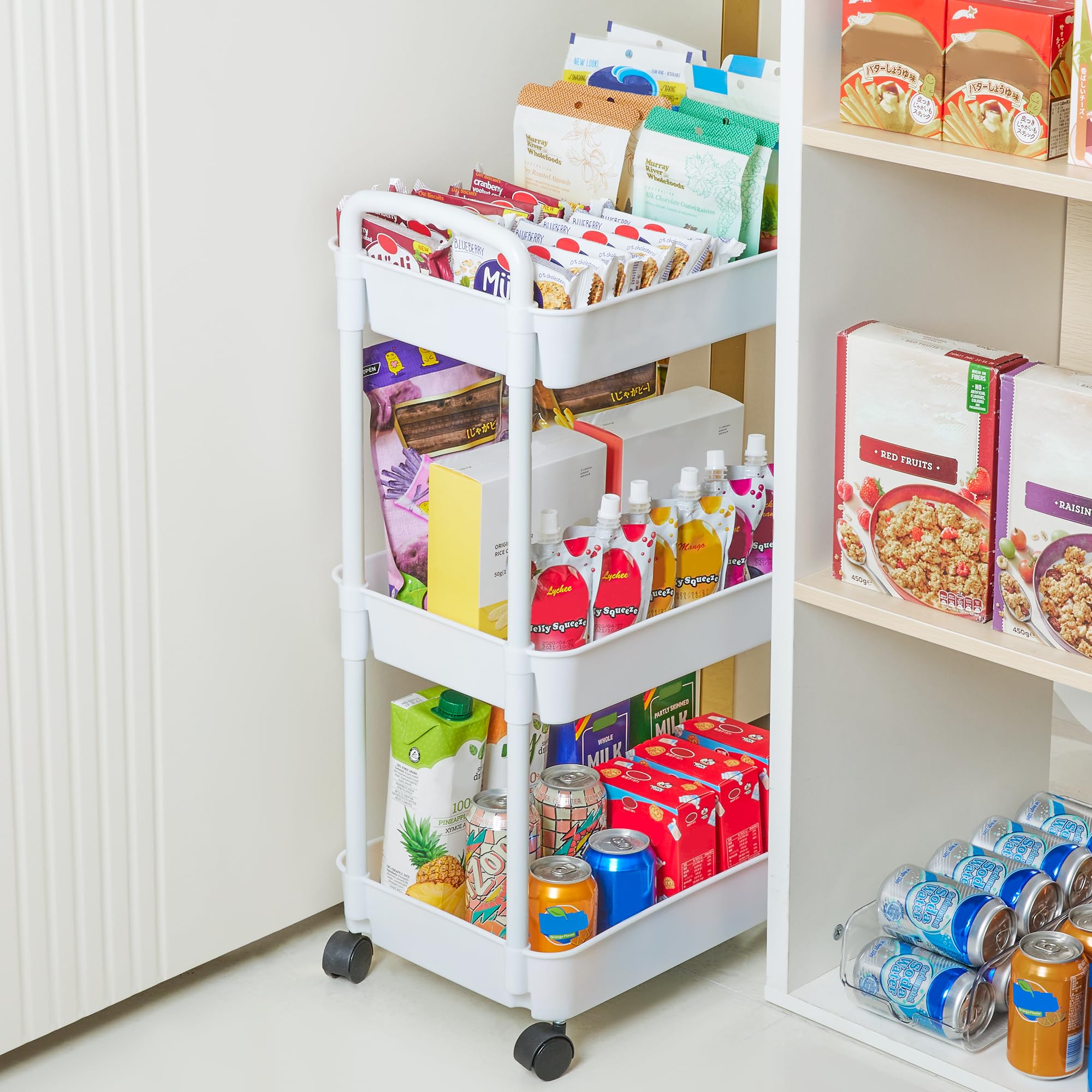 Plastic Rolling Utility Cart with Handle, Storage Trolley for Kitchen, Office, Living Room, Movable Storage Organizer