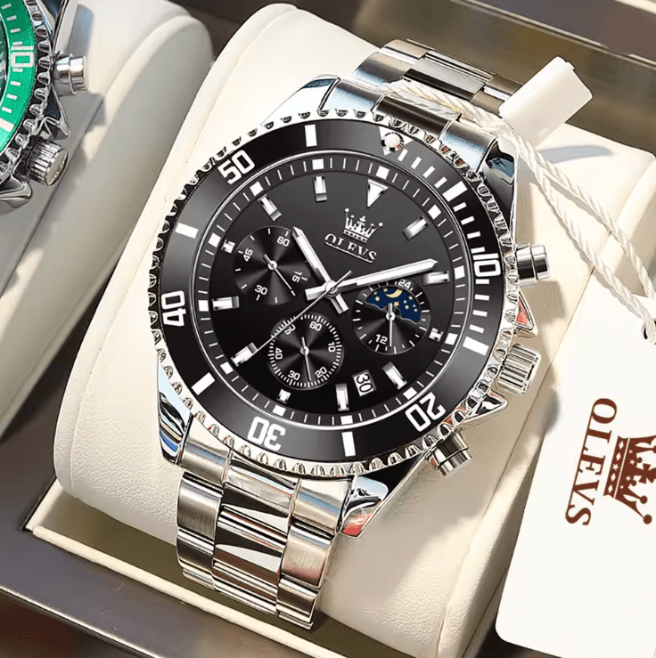 OLEVS Luxury Mens Watch Stainless Steel Chronograph Waterproof with Moon Phase