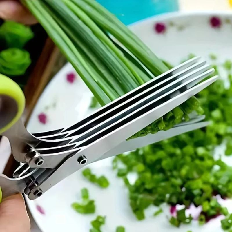 Multifunctional 5-Layer Stainless Steel Herb Scissors | Kitchen Scallion Cutter for Spices, Onion, Seaweed & Herbs