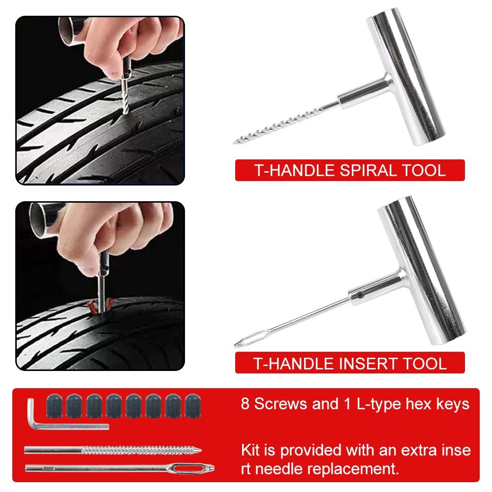 Tubeless Tire Repair Kit Puncture Plug Set, Car Bike Motorcycle Tyre Change Tools Auto Studding Accessories