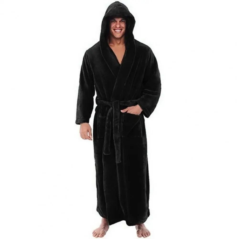 Mens Hooded Flannel Long Bathrobe Soft Fluffy Home Gown