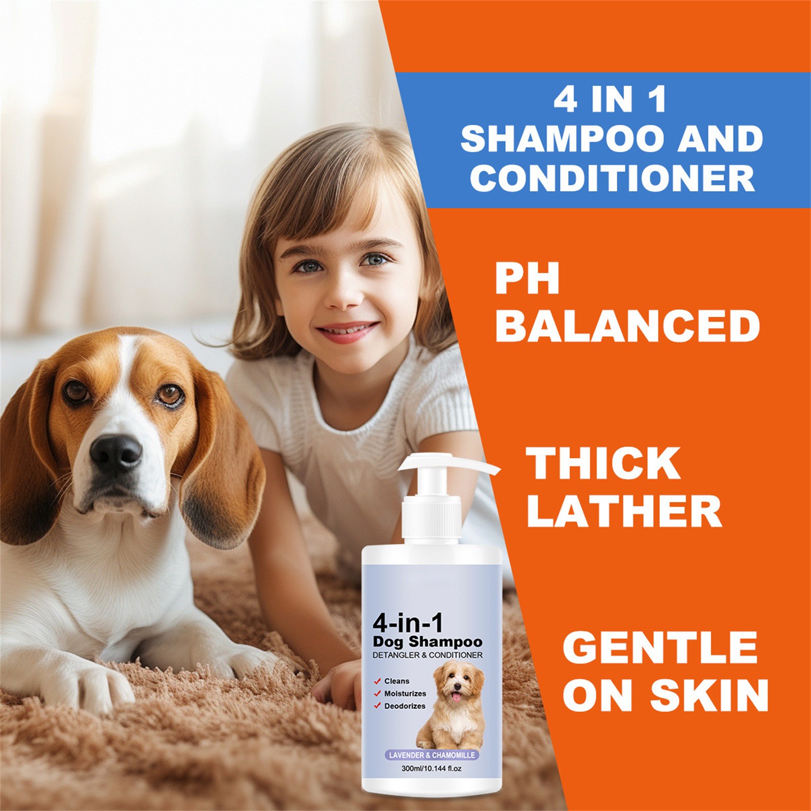 Dog Shampoo 4 In 1 Lavender Chamomile Pet Wash, Cleanses, Conditions, Smoothes, Moisturizes, Gentle Pet Care 300ml