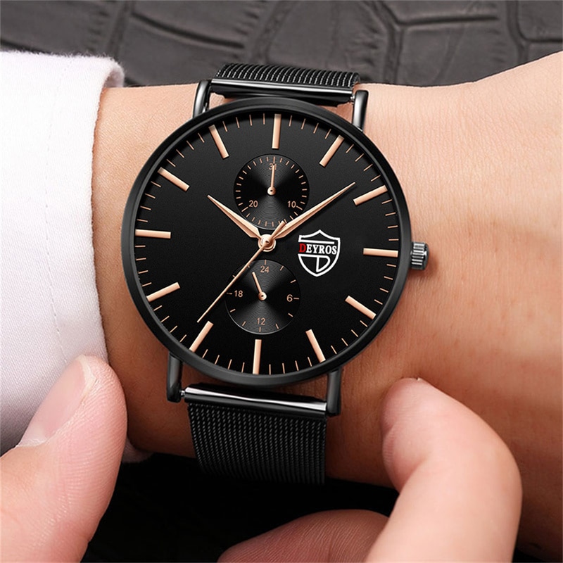 Men Business Casual Quartz Wrist Watch, Luxury Black Stainless Steel Mesh Belt, Ultra Thin Design