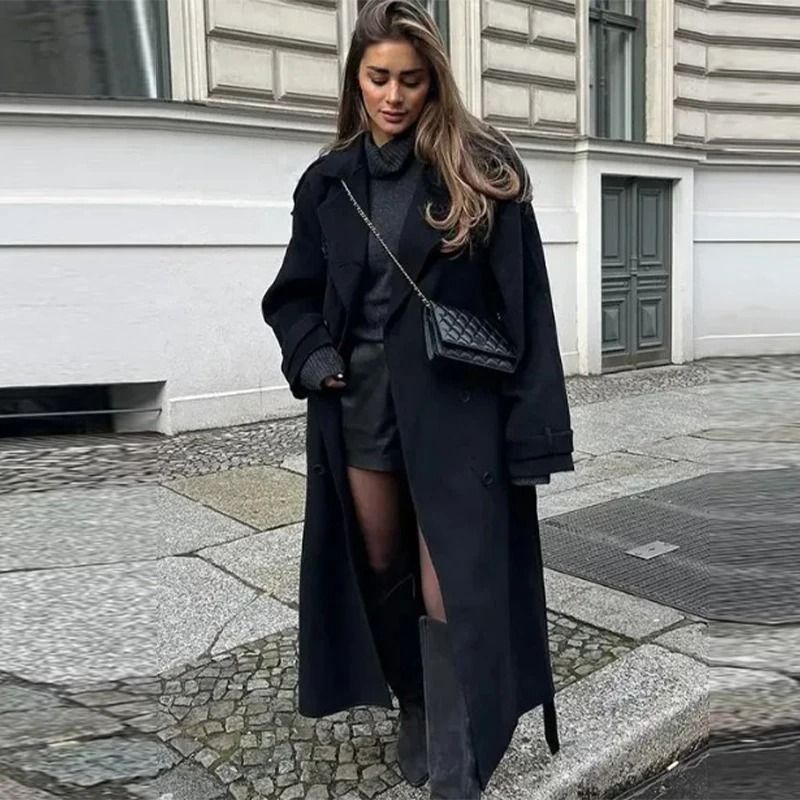 Elegant Womens Grey Belted Wool Coat Double Breasted Long Winter Peacoat