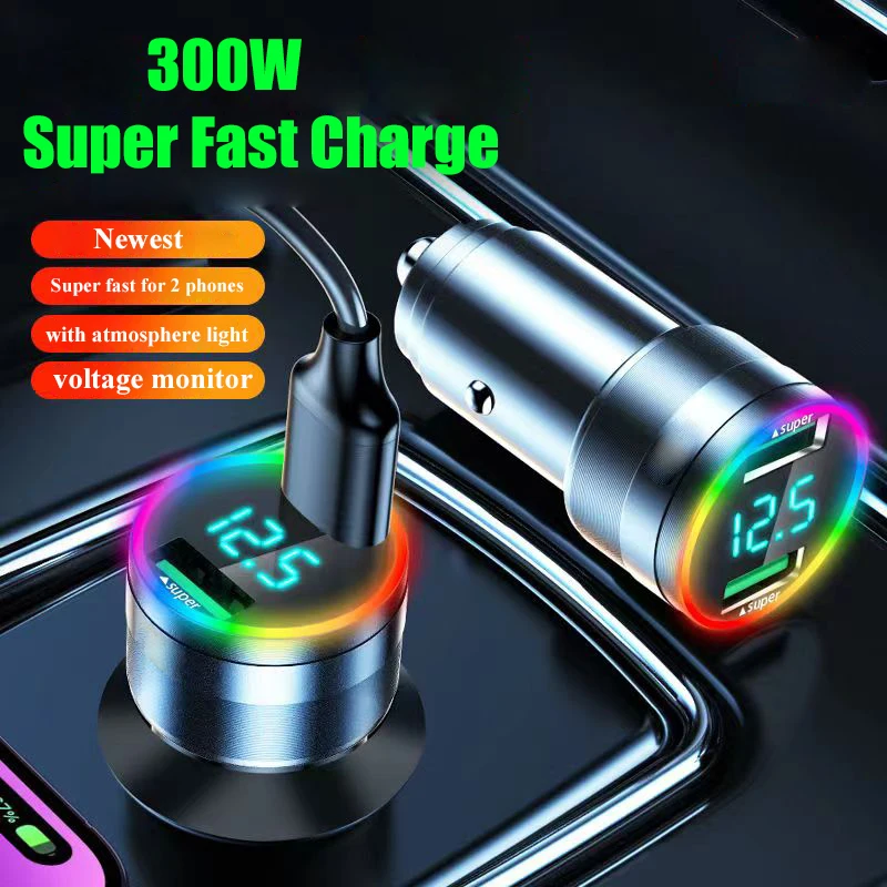 Super Fast Charging Car Adapter with LED Light, Voltage Monitor for iPhone, Samsung, Huawei, OPPO