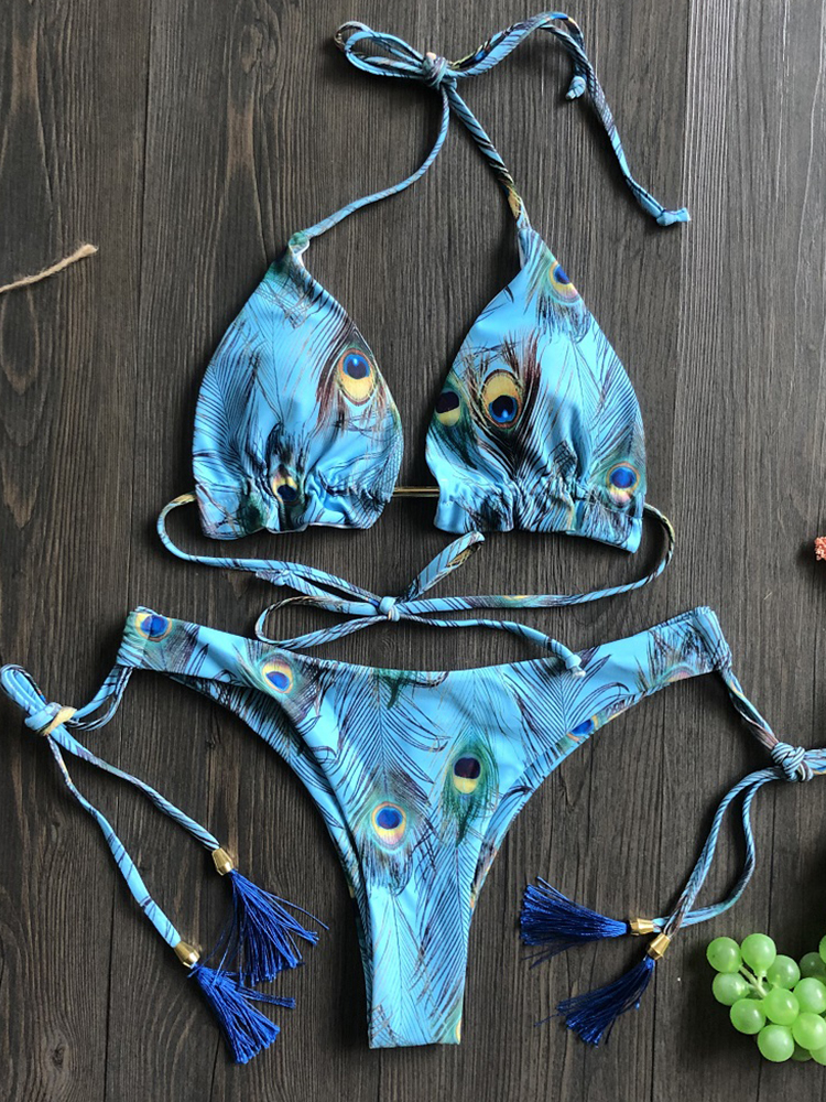 Brazilian Biquinis New Swimsuit Women Feather Print Bandage Swimwear