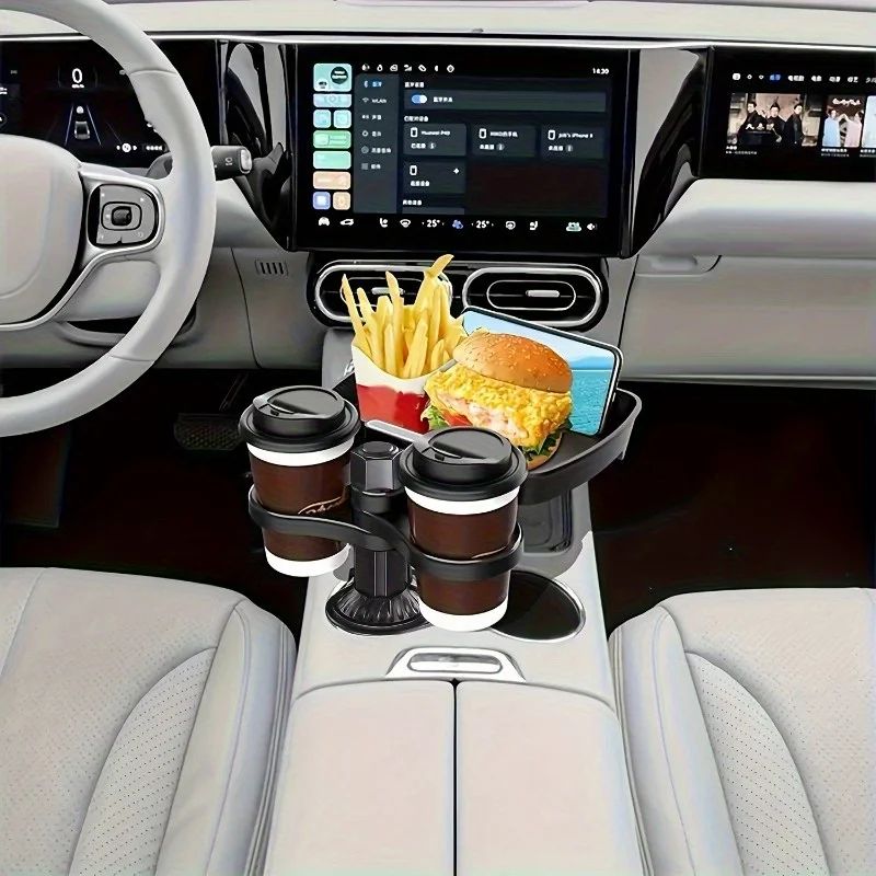 3-in-1 Car Cup Holder Tray – Expandable Rotating Food Table with 360° Adjustable Base