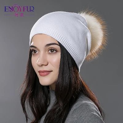 Wool Knit Beanie with Real Fur Pom Pom
