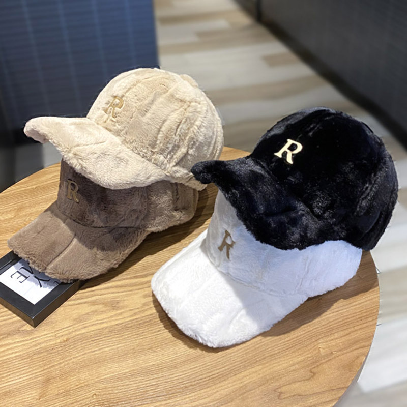 Faux Thickened Warm Plush Autumn Winter Baseball Cap Hats for Women, Metal Letter Snapback Fashion Accessories