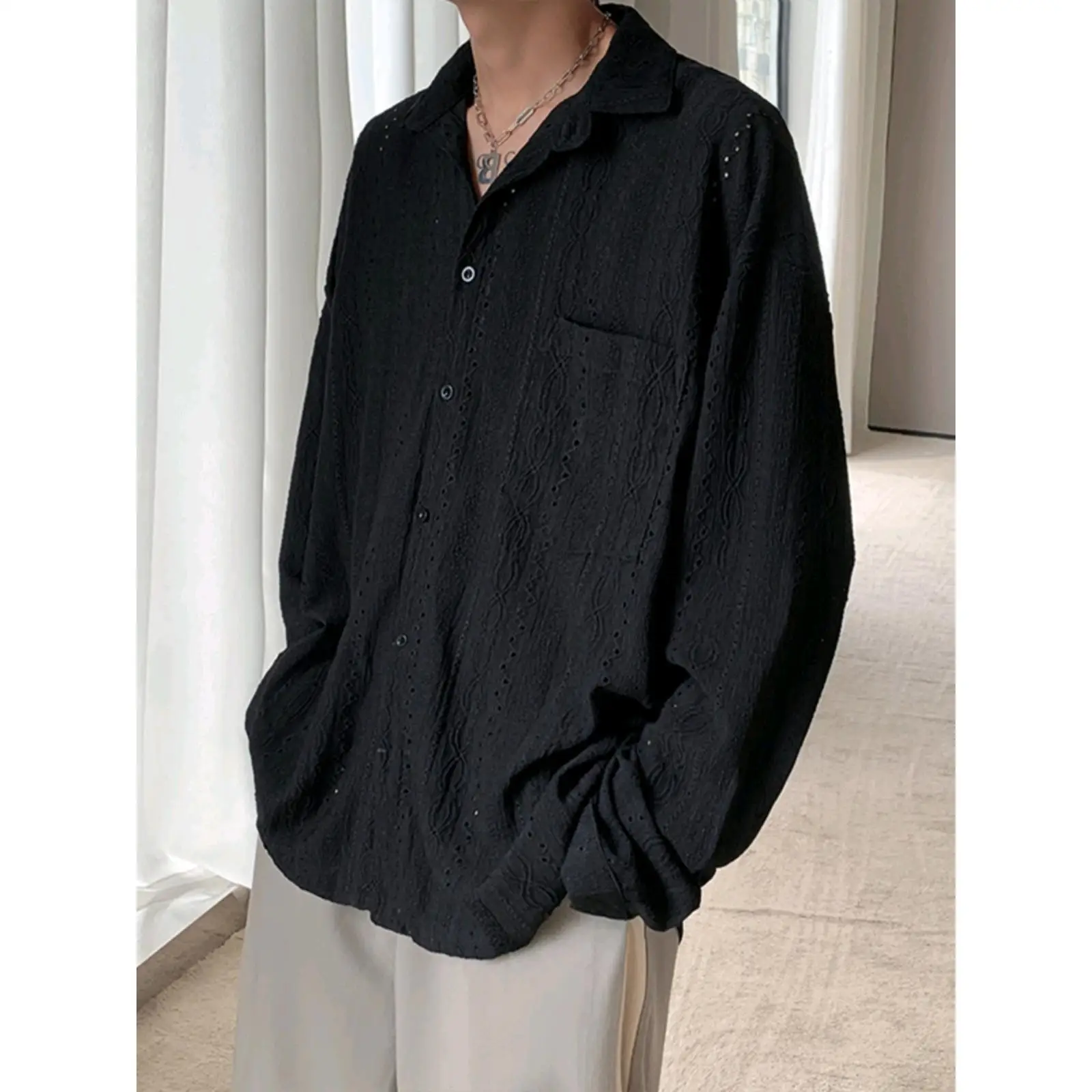 Men's Luxury Niche Shirt, Hollow Design Tweed Jacket, Trendy Loose Fit Long Sleeve Casual Vest