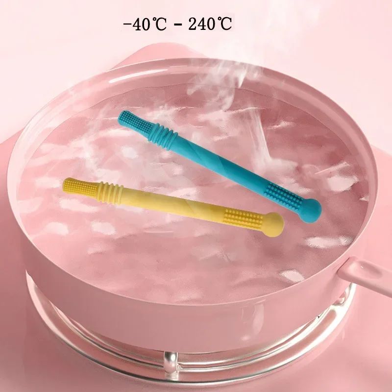 Silicone Baby Teether Straw Toy – Safe Chewable Molar Teething Toy with Easy-Grip Handle