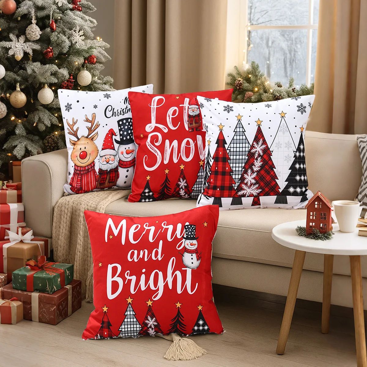 Merry Christmas Decorative Cushion Cover Set 4pcs Holiday Pillow Cases