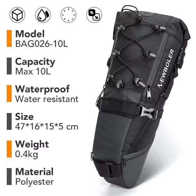 NEWBOLER 10L Waterproof Large Capacity Bicycle Tail Bag - Foldable Bikepacking Rear Saddle Bag