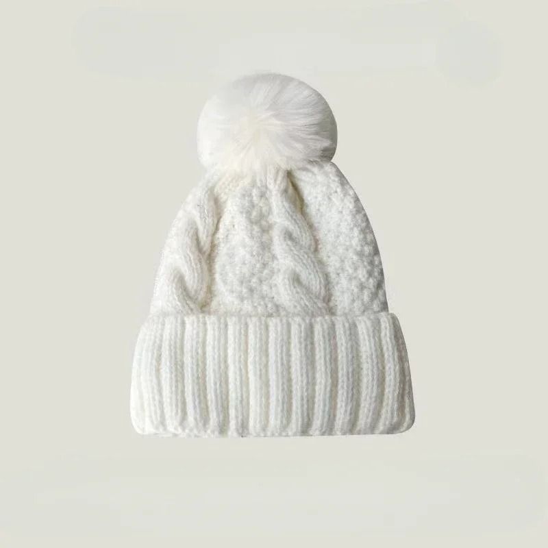 Winter Knit Beanie Hat with Fur Pompom Warm Velvet Lined Cap