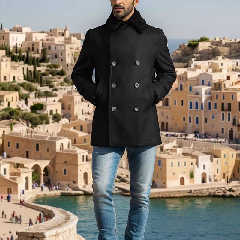 Contrast Detail Men's Wool Pea Coat – Classic Double Breasted Pea Coat Winter Overcoat