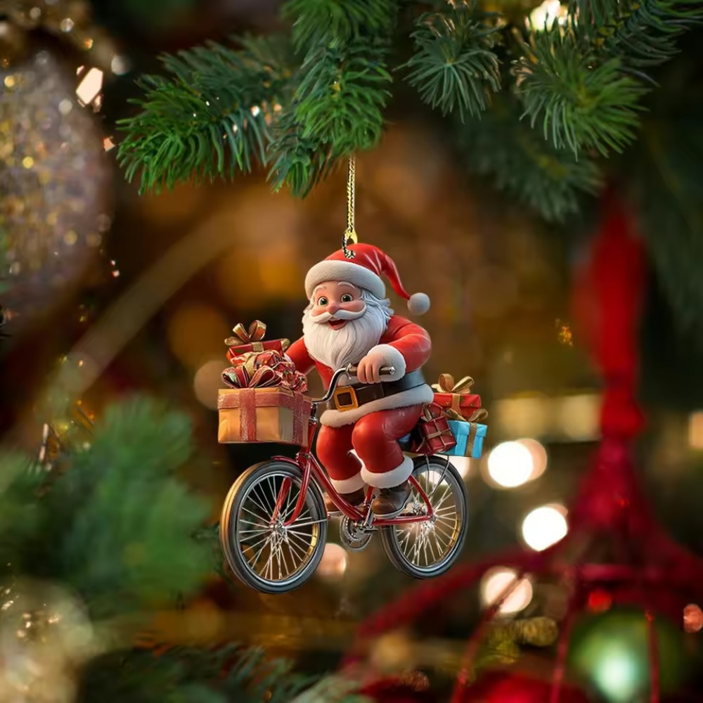 Hanging Cartoon Santa, Acrylic Winter Decorative, Christmas Tree Pendants, Claus Bicycle Gifts Christmas Decoration