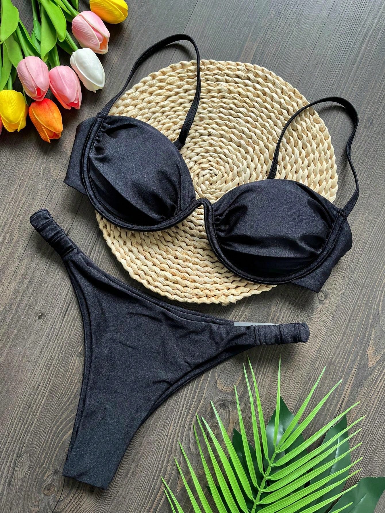 Flower Bikini Set Women Black White, V Wire Underwired Mini Swimsuit, Sexy Beach Bathing Suit, Pleate Thong Swimwear