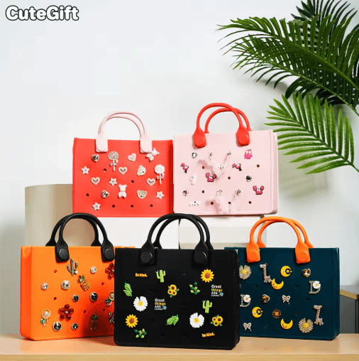 EVA Waterproof Tote Shoulder Bag for Women Large Casual Beach Handbag with Charm Holes