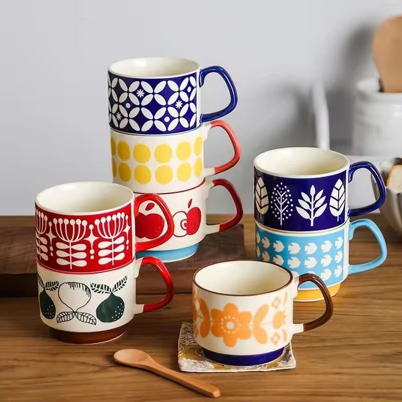 Japanese Flower Retro Ceramic Mug Set 300ml Stylish Drinkware