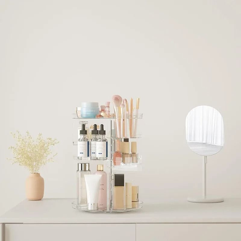 Rotating Makeup Organizer Carousel with Brush Holder and Perfume Tray