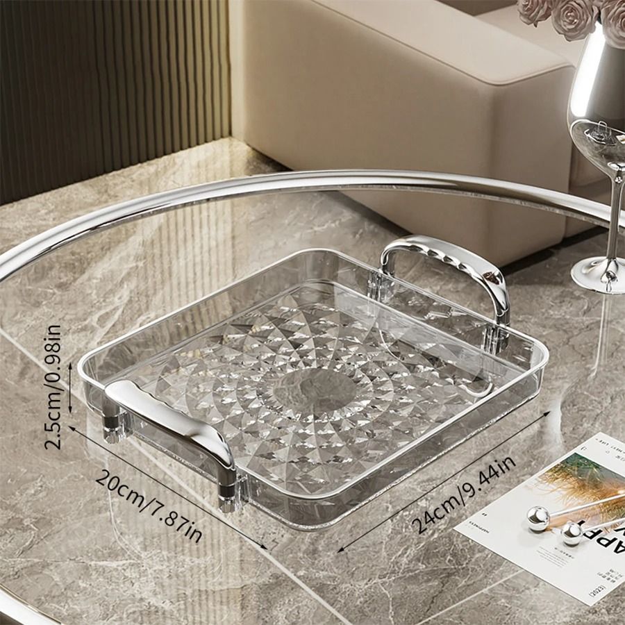 Transparent Plastic Serving Tray with Double Handles Decorative Storage Tray