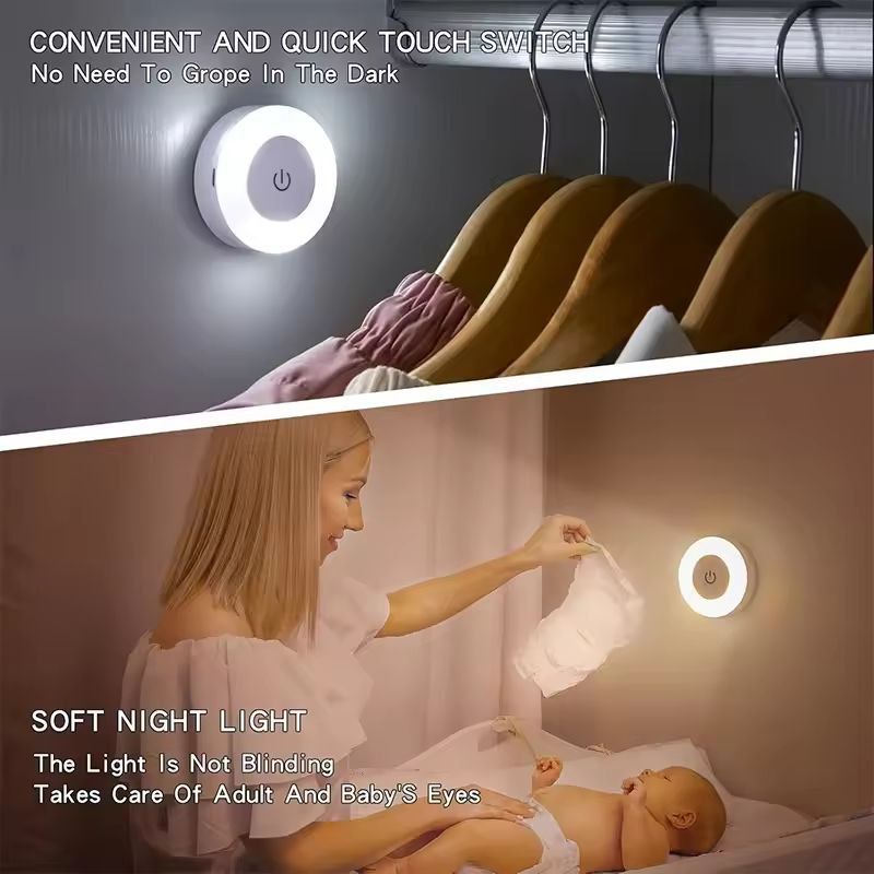Energy-Saver Touch LED Night Lamp – USB Rechargeable, Dimmable 3-Color Wall & Magnetic Base Nightlight