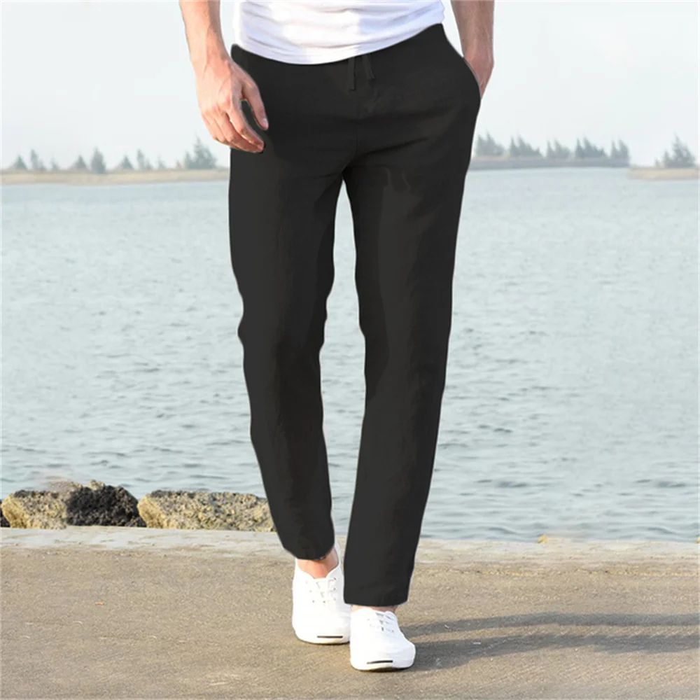Men's Cotton Linen Breathable Straight-Leg Pants – Casual Elastic Waist Ankle-Length Streetwear Trousers
